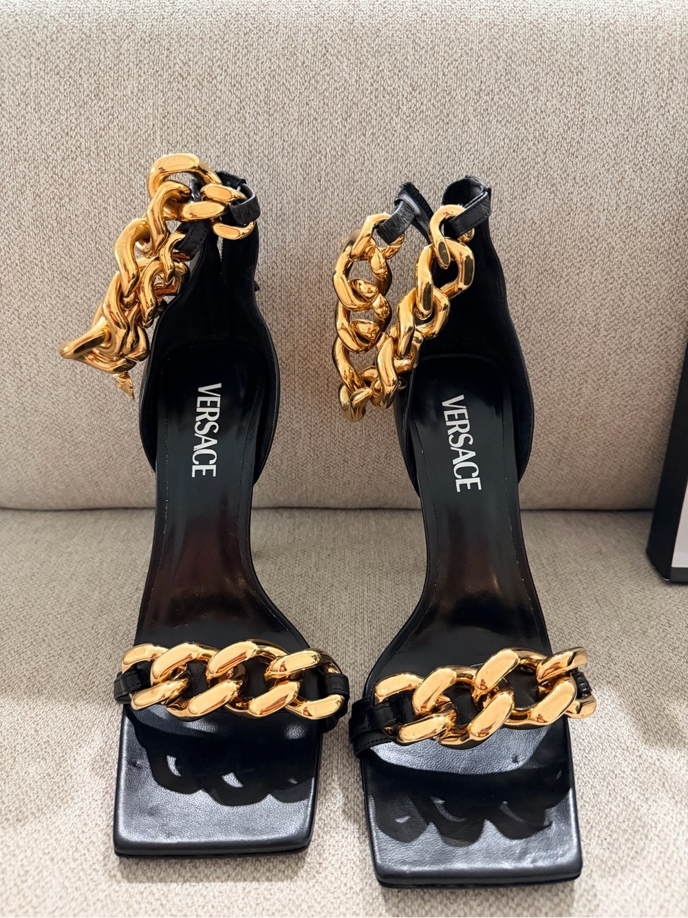 Versace Black Leather Heeled Sandals with Gold Chain Accents